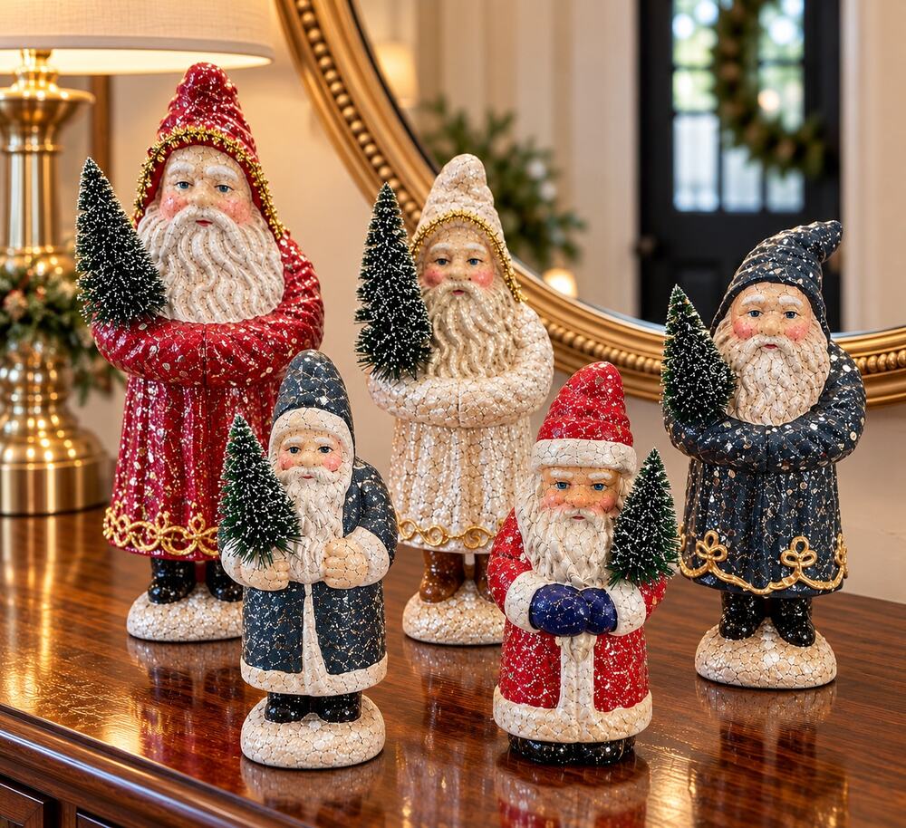 Vintage Style Santa Figurines Set of 5 Glitter Crackle Christmas Decor 5-11 In